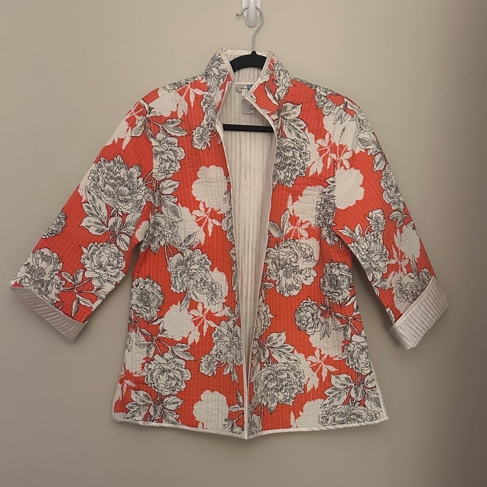 PATTY KIM Womens Cotton Quilted Open Front Jacket Blazer Orange & White Sz
Large